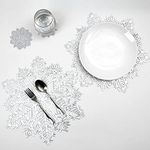 Christmas Snowflake Placemats Set of 6 Silver Laminated Metallic Vinyl Round 15 inch Diameter Festival Table Decorations For Holiday Party Feast Come With Matching Coaster By Snowkingdom