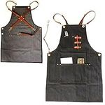 New Denim Jean Work Apron, Adjustable Shop Apron Chef Apron with Cross-Back Leather Straps