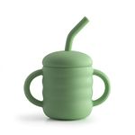 SASSIE KIDZ Cute 2-1 Silicone Straw Sippy Cup with Stopper - 5.4 OZ Spill-proof Sippy Cups for Baby 6+ Months w/ Dbl Handles, Grooved Body & Angled Straw for Fun & Safe Drinking - Includes Cleaning Brush - Green