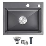 MENATT 24 x 18 inch Drop-in/Topmount Black Kitchen Sinks, 304 Stainless Steel Handmade Single Bowl Kitchen Sink Bar Prep Sink (Black),24"x18"x9"