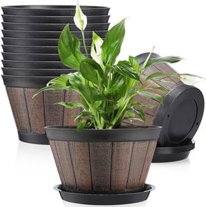 Layhit 10 Pack 9.8 Inch Whiskey Barrel Planter Flower Pot Plant Pots with Drainage Holes and Saucers Garden Planter Imitation Wine Design Plastic Barrel for Indoor Outdoor Plants Garden (Coffee Brown)