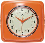 Infinity Instruments Square Silent Retro 9 inch Mid Century Modern Kitchen Diner Retro Wall Clock Quartz Sweep Movement (Orange)