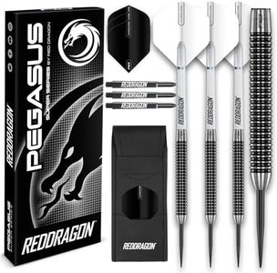 Pegasus Tungsten Steel Darts Set - 21g, 23g, 25g, 27g, 30g - White Red Dragon Stems and White Flights