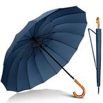 NINEMAX Large Umbrella Windproof Strong,16 Ribs Black Stick Umbrellas with Wooden Handle - Heavy Duty Gents Umbrella for Men Women (Navy Blue)