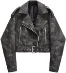 LY VAREY LIN Women Faux Leather Cropped Jacket Lapel Zipper Biker Short Coat with Belt