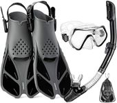 CAPAS Snorkel Mask Fins Set, Travel Size Snorkeling Gear for Adults with Short Adjustable Swim Fins, High Resistant Scuba Diving Mask and Dry Top Snorkel, Come with a Carrying Bag (Black, S/M)