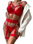 Alrovetoney Lingerie Set for Women Sexy Strappy 5 Piece Lingerie Garter with Elastic Bra and Chain Red L