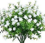 QIUKUN 6 Bundles Outdoor Artificial Fake Flowers UV Resistant No Fade Boxwood Faux Plastic Plants for Garden Patio Porch Window Box Home Wedding Farmhouse Decor (White)