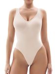 YIANNA Sculpting Bodysuit for Women Tummy Control Seamless Shapewear Scoop Neck Thong Body Shaper,YA5240-Ivories-L/XL