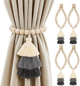 YISARSH Handcrafted Magnetic Curtain Tiebacks, Boho Rope Drapery Holders with Tassels and Wood Beads, Tool-Free, Damage-Free, Stylish Curtain Accessories for Home,Set of 4,Beige Grey Charcoal