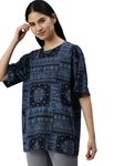 Veirdo Multicolour Oversized Cotton Crew Neck T-Shirt with Bandana Print for Women