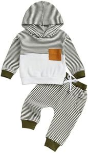 LIOMENGZI Infant Baby Boy Fall Winter Clothes Outfits Hooded Long Sweatshirt Pants Set Toddler Clothes 6 12 18 24 Months 2T (Army Green Stripe, 18-24 Months)