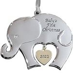 Baby's First Christmas Ornament 2023 - Elephant Baby Ornament 3x3.5 Nickel-Plated Metal with Gold 2023 Charm. Ribbon for Hanging. Unique Design, Collectible Keepsake