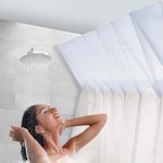 SPACE Expanding No Billow Shower Curtain. 4-in-1 Value Set Expander + No Hooks Pop-on Hoops + Machine Washable Shower Curtain Liner + Splash Guards. Curved Shower Rod Alternative.