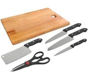 ROMINO Wooden Multipurpose Chopping and Cutting Board Set for Kitchen, Vegetables & Meat Cutting, Fruit Cutter, Heavy Durable Easy to Clean Board (Set of 4 Knife +1 Scissor +1 Chopper Board)