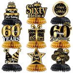 Qpout 9 Pieces 60th Birthday Honeycomb Centerpieces for Women Men, 60th Birthday Party Table Centerpieces Decorations, Black and Gold, Cheers to 60 Years Bday Table Toppers Decor