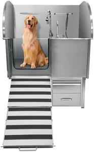 Professional Dog Grooming Tub, 62" Stainless Steel Dog Wash Station with Foldable Ramp, Storage Drawer, Floor Grate & Faucet/Dog Bathtub for Large, Medium & Small Pets - Left Door (62")