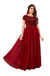 Rebika Trendz Elegant Women's Gown with Sequins Work | Velvet Bodice & Net Flare | Short Sleeve, Boat Neck | Perfect for Parties & Special Occasions Maroon