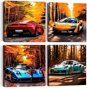 Car Wall Art 4PC Sports Car Canvas Wall Art Framed Colorful Supercar Painting Picture Racing Car Garage Wall Decor Autumn Landscape Modern Canvas Prints for Boys Room Men Bedroom Home Office
