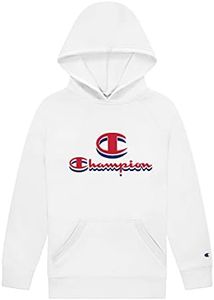 Champion Girls Hoodie for Kids Pullover Sweatshirt for Girls Athletic Sweater, Medium, White/Drop Shadow Red Script, Medium