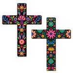 Pinkunn 2 Pcs Floral Cross Wall Decor Mexican Home Decor Hand Painted The Ofrenda of the Dead Day Sugar Skull Wall Art Spanish Style Crucifix Wall Cross for Home Room Church Decoration(Classic)