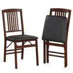 COSTWAY Folding Chairs Set of 2, Rubber Wood Counter Dining Chairs with Backrest & Padded Seat, Kitchen Office Conference Side Chair Seating, 180kg Weight Capacity (PVC Leather Seat, Black + Brown)