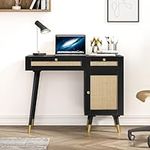 Anmytek Rattan Vanity Desk with Drawers and Storage, Black Makeup Vanity Table Modern Home Office Desk Computer Desk for Bedroom Study D0005