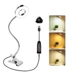 Akynite 7W USB Clip On Reading Light with UK Adapter, 3 Colour Changing & 10 Brightness, Clamp Bedside Lamp, LED Nail Ring Lamp Clip on Desk, Flexible Beauty Lamp for Eyelash Extensions, Silver