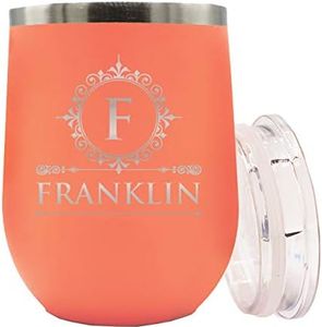 The Wedding Party Store Personalized 12 oz Insulated Stemless Wine Tumbler - Custom Engraved and Monogrammed (Coral)