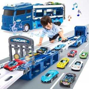 hahaland Camion Giocattolo Trasforma in Pista da Corsa, con 6 Macchinine per Bambini, Camion con Luci e Suoni, Pista Macchinine 2 3 Anni, Regalo Bambino 2 anni