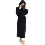 Seakanana Women's Large Hooded Black Long Bathrobe with Chest Button,Lightweight Fleece Soft House Coat L