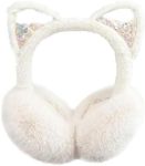 Girls Earmuffs Headband Faux Fur Ear Cover Cute Sequin Cat Ear Muffs Protector for Winter Outdoor Kids Gifts (White)