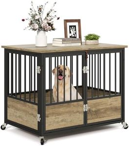 YITAHOME 38" Dog Crate Furniture with Wheels, Heavy Duty Wood Dog Cage Table with Double-Doors Chew-Resistant Wooden Dog Kennel Indoor for Large and Medium Dogs Greige