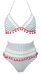 COCOSHIP Women's Mesh Striped High Waist Bikini Set Tassel Trim Top Halter Straps Swimsuit(FBA), Slategray Stripe, 16