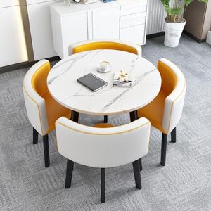 WOOOFA Round Dining Table Set for 4, Faux Marble Conference Table and Chairs Set, Kitchen Table Chairs Set with Strong Metal Frame, Space-Saving, Office Table and Chair Set for Home and Apartment
