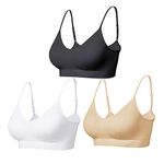 Comfyin Padded Bralette for Women Straps Sleep Bras Seamless Yoga Sport Bras 3 Pack,Black+Beige+White,S