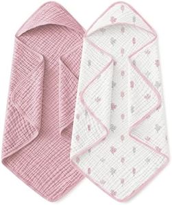 Yoofoss Hooded Baby Towels for Newborn 2 Pack 100% Muslin Organic Cotton Baby Bath Towel with Hood for Babies, Infant, Toddler and Kids,37.5"x37.5", Soft and Absorbent Newborn Essential,Pink&WhiteLeaf
