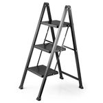 VonHaus Slim 3 Step Ladder with Anti Slip Steps and Feet - Black Lightweight Folding Stepladder - 150KG Max Capacity, Easy to Store - Ideal for Home/Kitchen/Garage Household Ladder