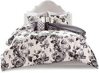 Intelligent Design Dorsey Comforter Reversible Flower Floral Botanical Printed Ultra-Soft Brushed Overfilled Down Alternative Hypoallergenic All Season Bedding-Set, 104x90, Black/White 5 Piece