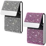 2 Pcs Rhinestone Business Card Holder Bling PU Leather Business Card Case Pocket Credit Card Holder for Women Business Card Wallet Name Card Holder Purse with Magnetic Closure, White Pink