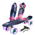 BELEEV 22 inch Skateboard Complete Cruiser Mini Skateboard for Kids Teens Adults & Beginners, PU LED Flashing Wheels with All-in-One Skate T-Tool (Galaxy Purple)