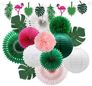 Meiduo Tropical Flamingo Palm Leaves Party Decorations with Paper Fans Paper Lanterns Pom Poms Flowers for Birthday Bridal & Baby Shower Bachelorette Hawaiian Beach Pool Summer (Green)