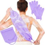 Anezus Exfoliating Back Scrubber Bath Gloves Set, Exfoliating Shower Towel with Shower Gloves for Body Scrub, Back Cleaner Wash Gloves to Remove Dead Skin (Purple)