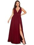 Ever-Pretty Women's Plus Size V-Neck Side Slit A-line Maxi Wedding Party Dress for Women Burgundy US16