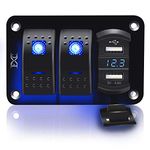 Purishion 2 Gang Rocker Switch Aluminum Panel with Voltmeter & Dual USB(4.8 Amps) Fast Charging, Blue Backlit Led, Pre-Wired IP65 Waterproof for Marine, Boat, Car, Truck, Polaris, Jeep (Blue)