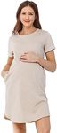 LaClef Womens Short Sleeve Maternity T-Shirt Dress with Pockets, Oatmeal, Small