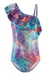 Big Girls One Piece Swimsuits Mermaid Bathing Suit for Kids One Shoulder Hawaiian Swimwear Nebula Size 14/12-14 Years