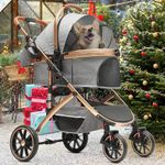 YITAHOME Pet Stroller 3-in-1, One-Click Foldable Cat Dog Stroller, Dog Pushchair, Dog Pram with Detachable Carrier Storage Basket Cup Holder Removable Hanging Bag, Car Seat, Dog Buggy (Grey)