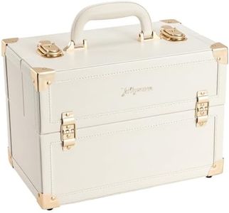Joligrace Makeup Train Case Large Portable Cosmetic Makeup Storage Box Organizer Lockable with 4 Tray Compartments Retro Champagne Beige Vegan Leather, champagne gold, Makeup Case With 4 Tray