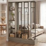 Tribesigns Wall Room Divider with Display Shelves, Wooden Freestanding Room Divider Screen, Wall Partition for Living Room, Bedroom, Office, Grey and Black